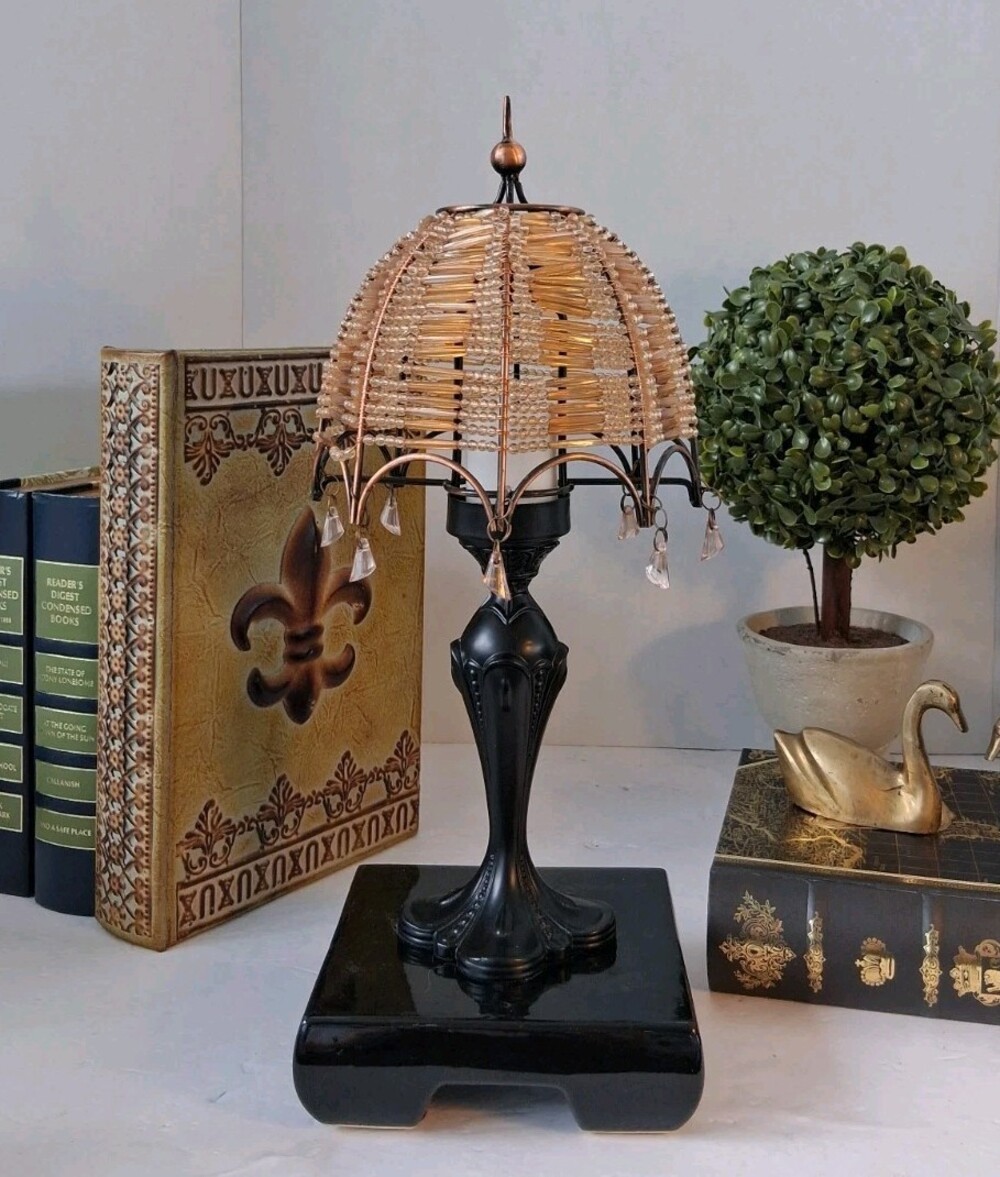 VTG PartyLite Black Iron Candle-Lamp with Beaded Umbrella Shade